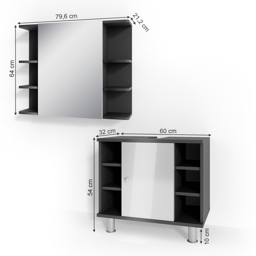 VICCO Badmöbel Set FYNN 2 Teile Anthrazit Weiß - Badezimmer Spiegel Badunterschrank Bad Badschrank