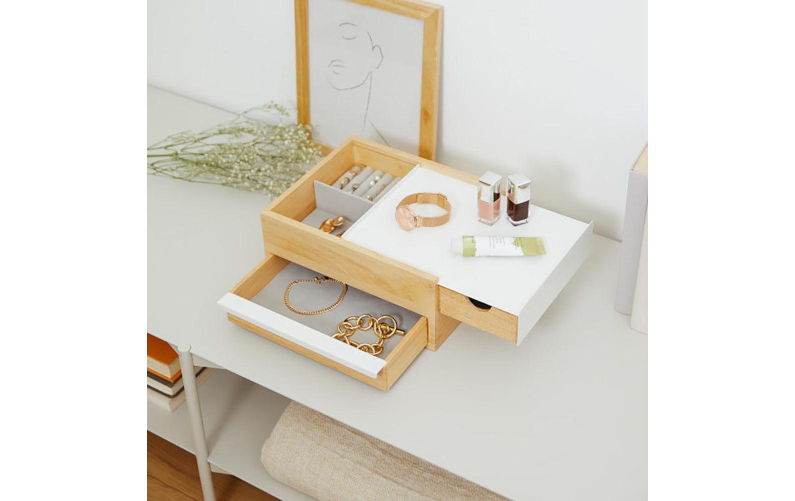 Schmuckschatulle Stowit Weiss/HolzModerne Schmuck-Box mit Geheimfächern