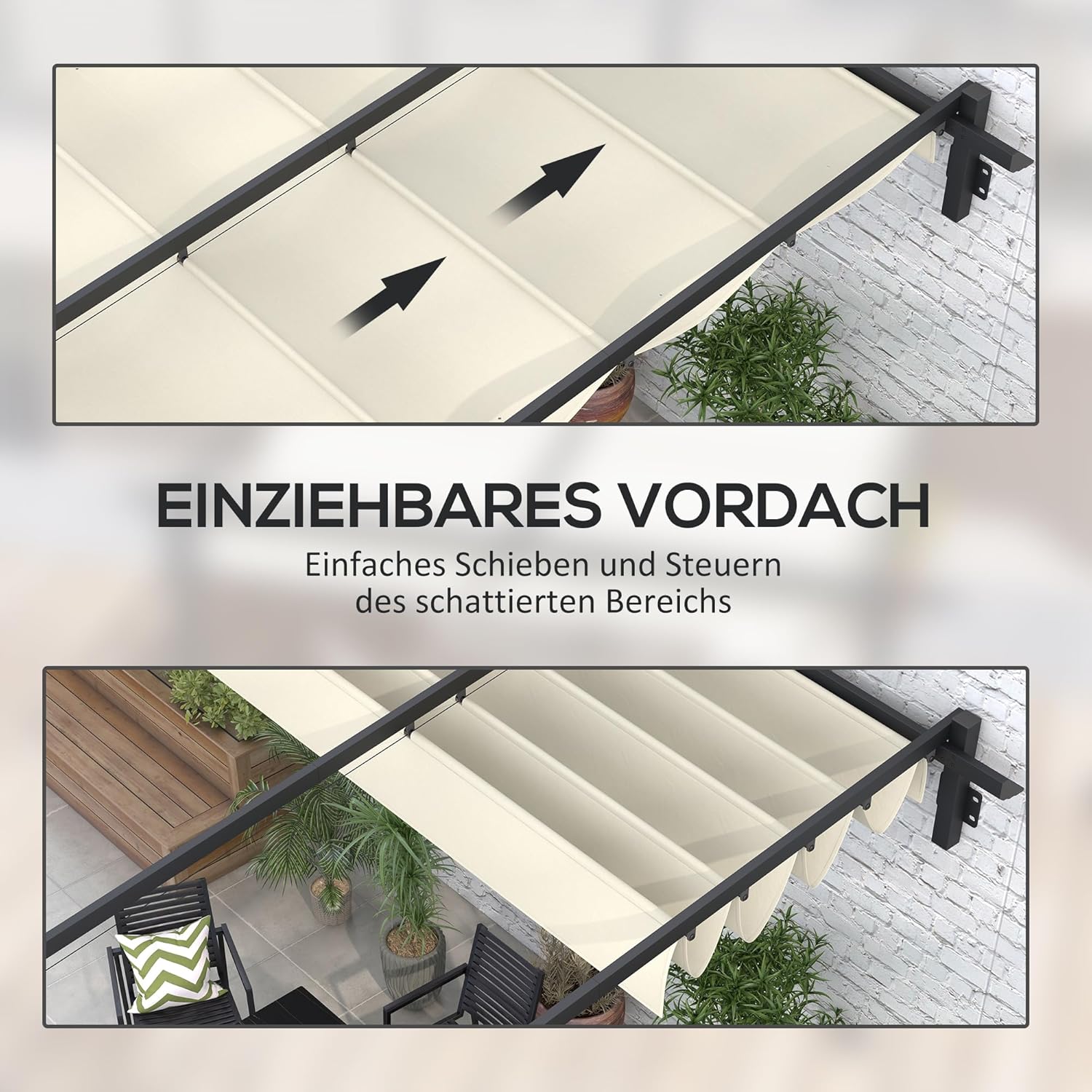 Outsunny Terrassendach Pergola ca. 3x3m Gartenpavillon aus Aluminium, Wandmontage Garten Pavillon mit Verstellbares Dach, Sonnenschutz Terrassendachung für Garten Terrasse, Cremeweiß