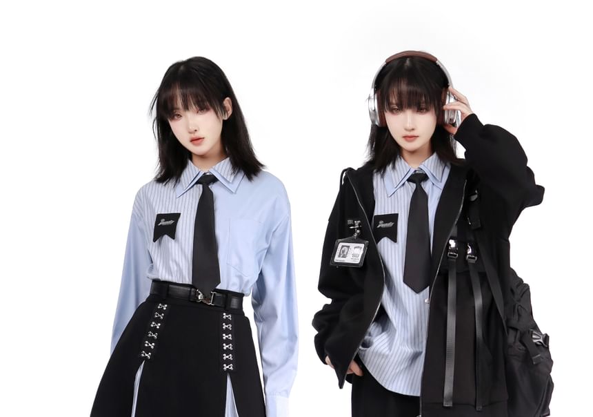 Florimi - Hoge taille gestreepte haak-en-oog mini A-lijn rok / Overhemd met lange mouwen en knoopsluiting / Naambadge accent, gesp en ritshoodie / Effen wijde broek / Stropdas / Set