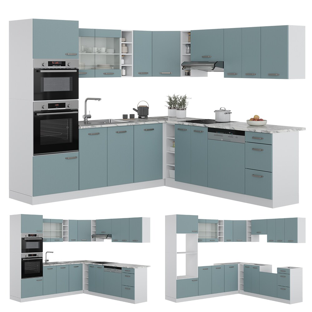 Vicco Eckküche R-Line Solid Weiß Blau Grau 247x237 cm Arbeitsplatte modern Küchenschränke Küchenmöbel