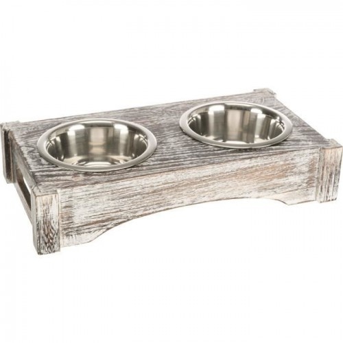 Comedouro e bebedouro Trixie para animais de estimação, em aço inoxidável e madeira, branco.