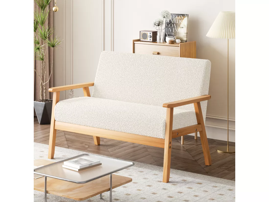 Canapé 2 places salon moderne, en Polaire Teddy, cadre en bois, Beige, 107x60x76cm