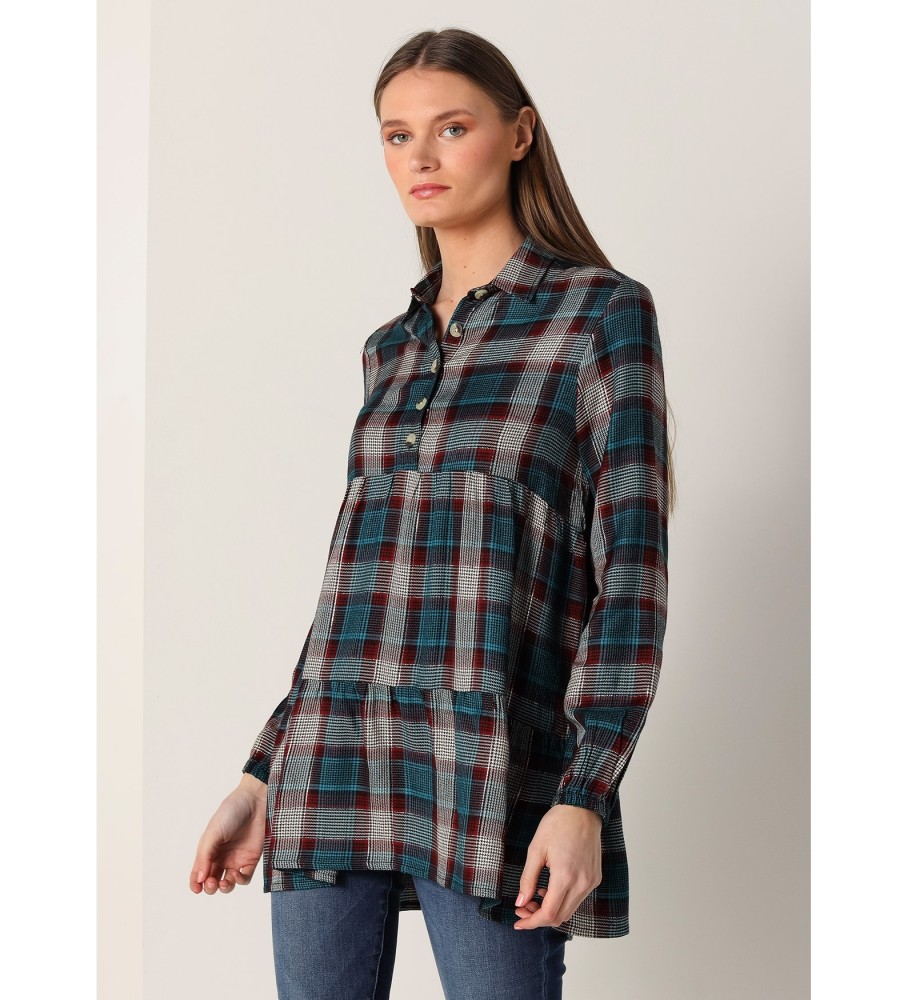 Blusa longa Lois com estampa xadrez azul-marinho