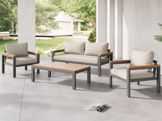 Salon de jardin en acier galvanisé - 1 canapé 、2 fauteuils et 1 table basse - décoré de Bois d'Acacia - Beige