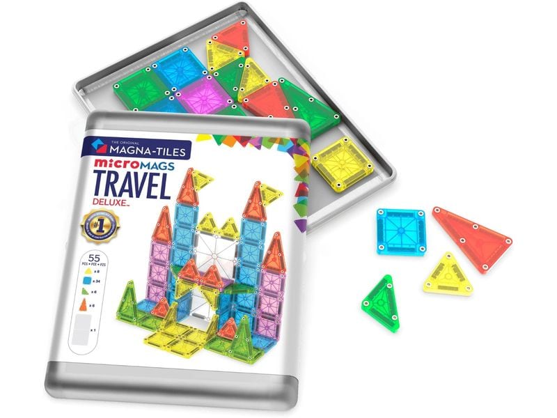 Magna-Tiles MicroMAGS Travel Deluxe 55 Teile Set mit 55 magnetischen Mini-Bauteilen und praktischer Metallbox