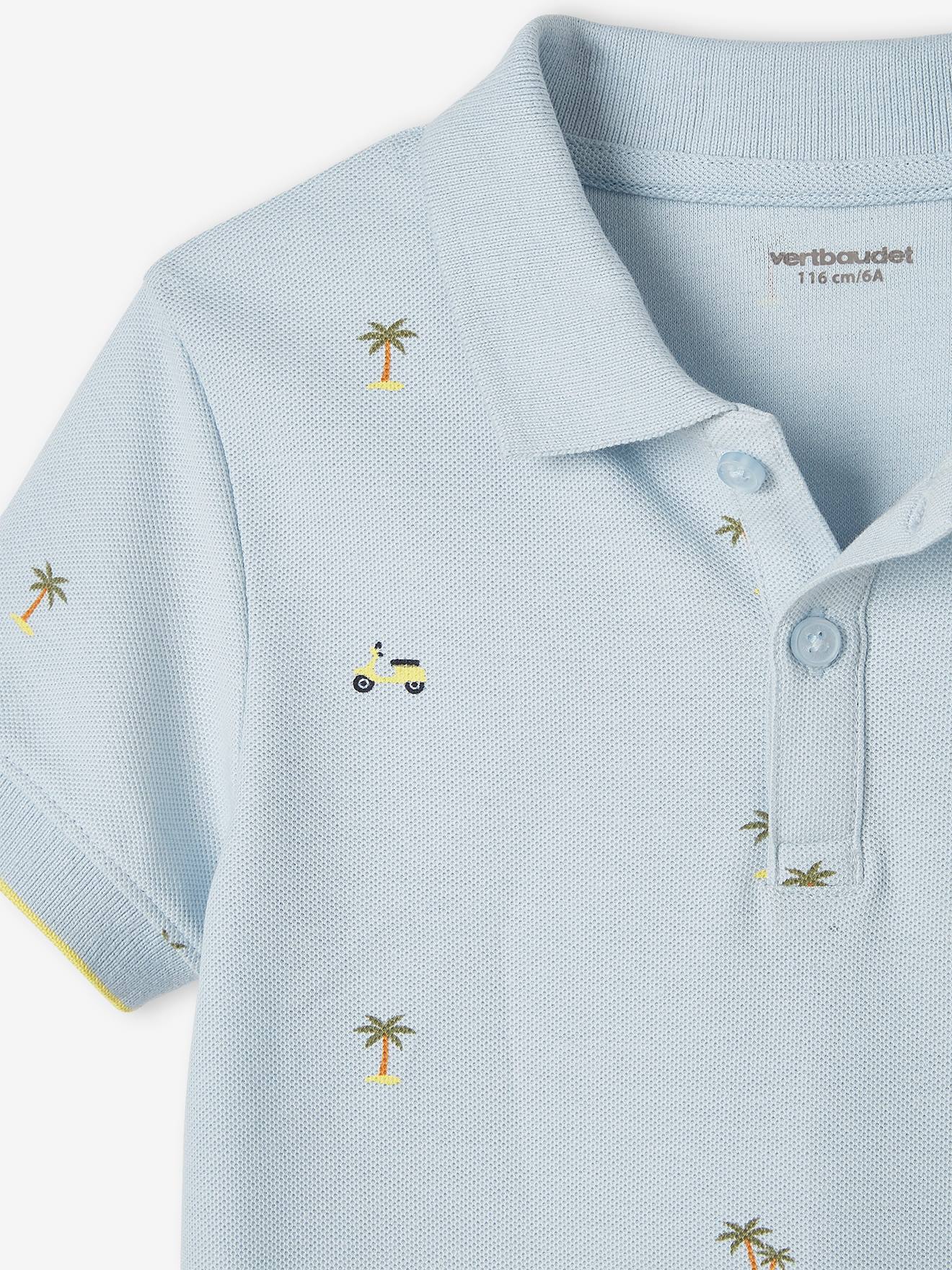 Camisa polo azul estampada em malha piqué para meninos