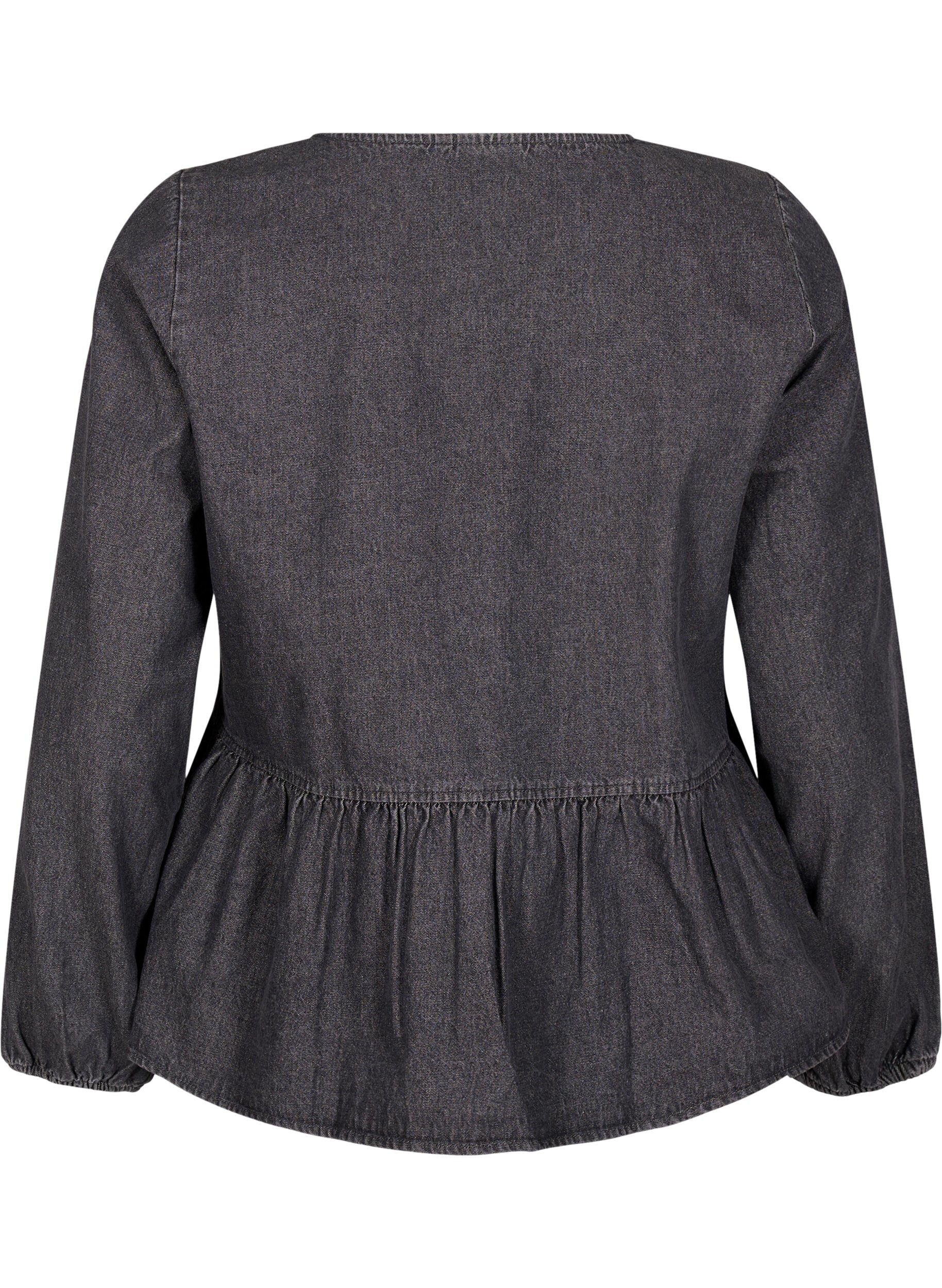 Peplum bluse i denim med bindelukning