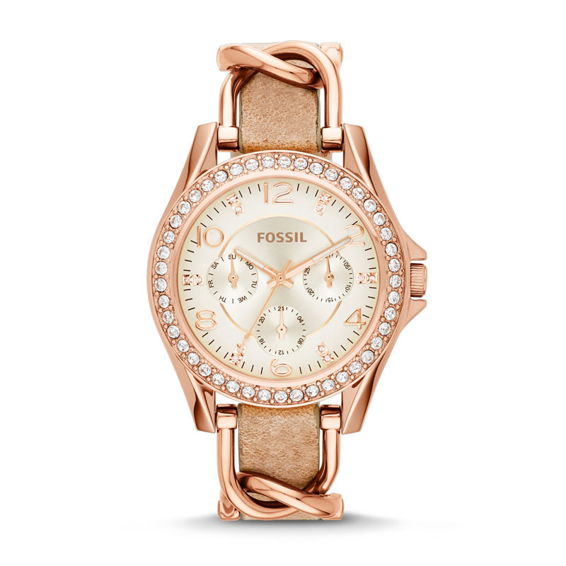 Montre Fossil femme acier doré rose bracelet cuir