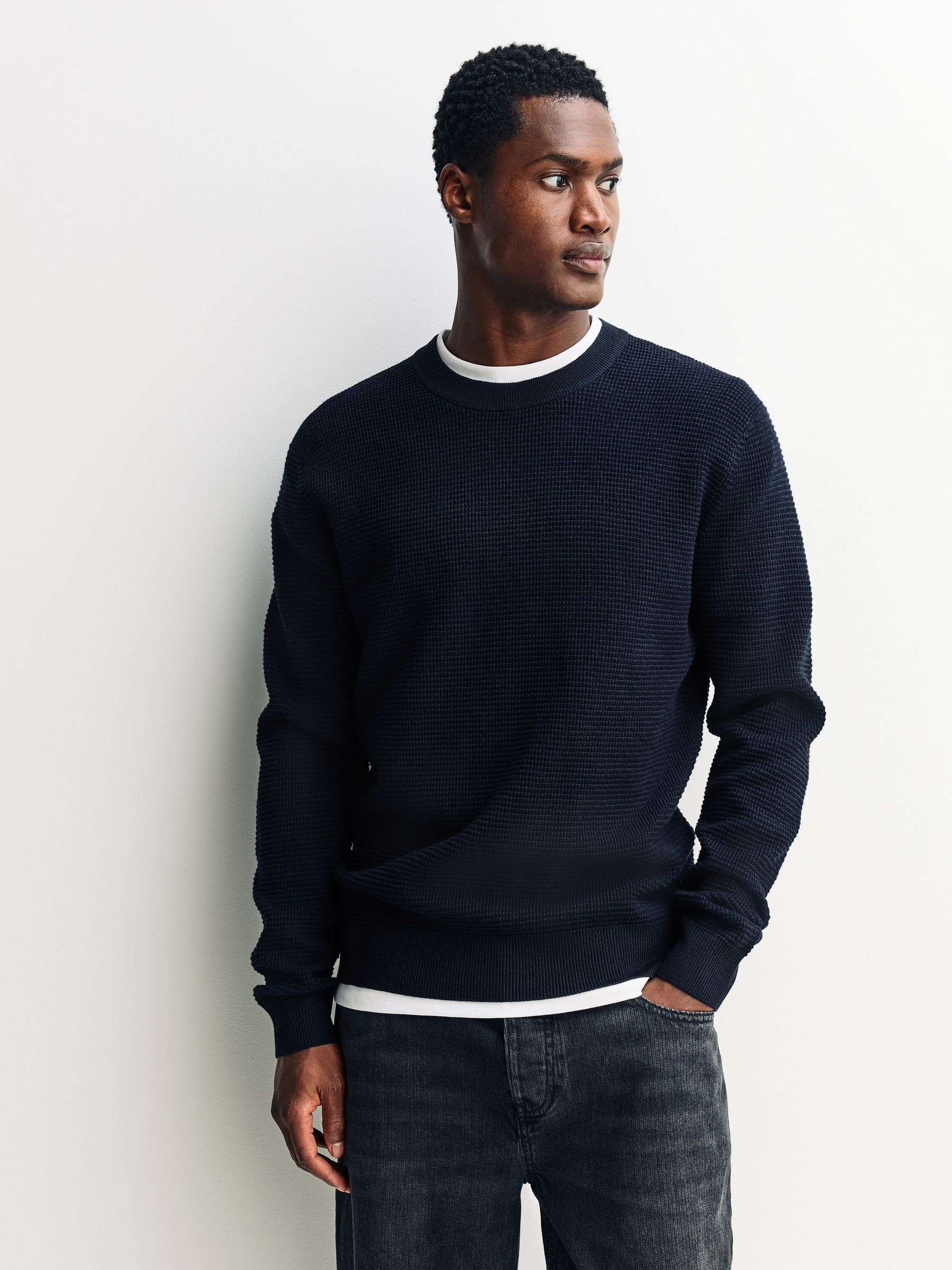 Donkerblauw - Regular Fit Essential Textured Knit Jumper