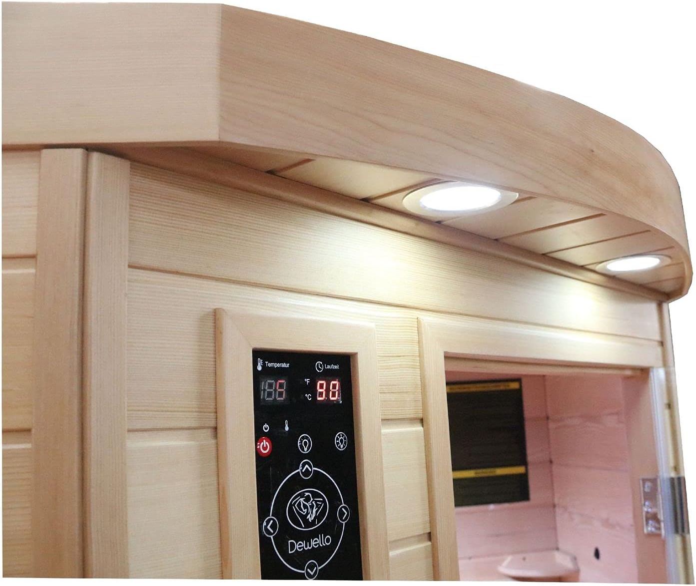 Dewello® Infrarotkabine Infrarotsauna LAKEFIELD 140cm x 140cm für 2-3 Personen aus Hemlock Holz mit Vollspektrumstrahler, LED-Farblicht, Bluetooth, FM,MP3,USB