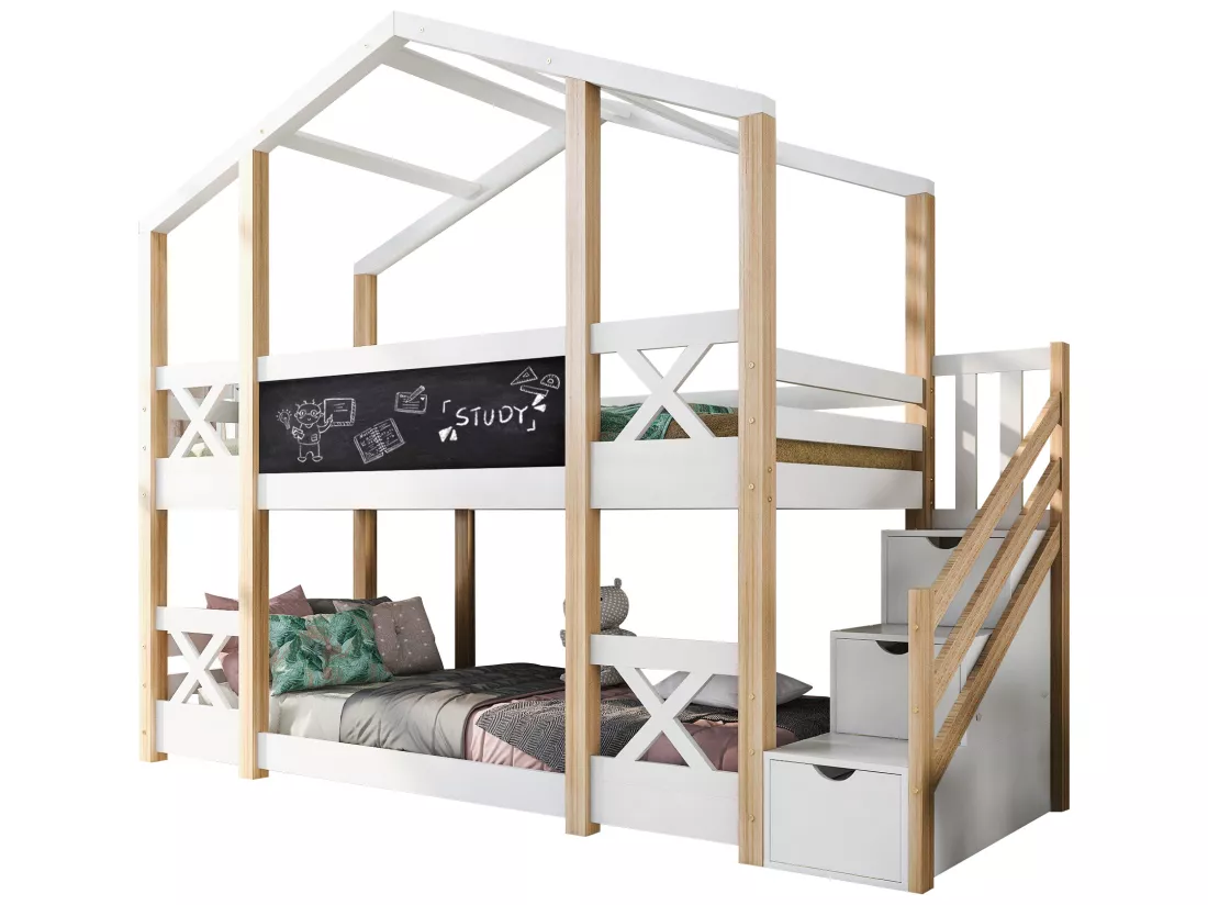 Lit superposé cabane en pin massif avec barrières anti-chutes + échelle de rangement + tableau noir - 90x200cm - Naturel & Blanc