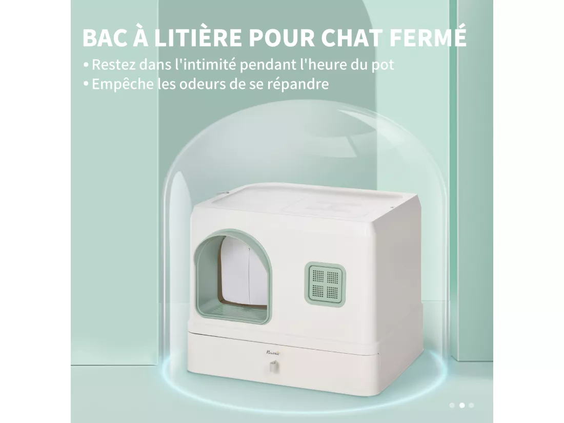 Maison de toilette chat design maisonnette - pelle, 2 désodorisants, plateau coulissant intégrés - blanc vert