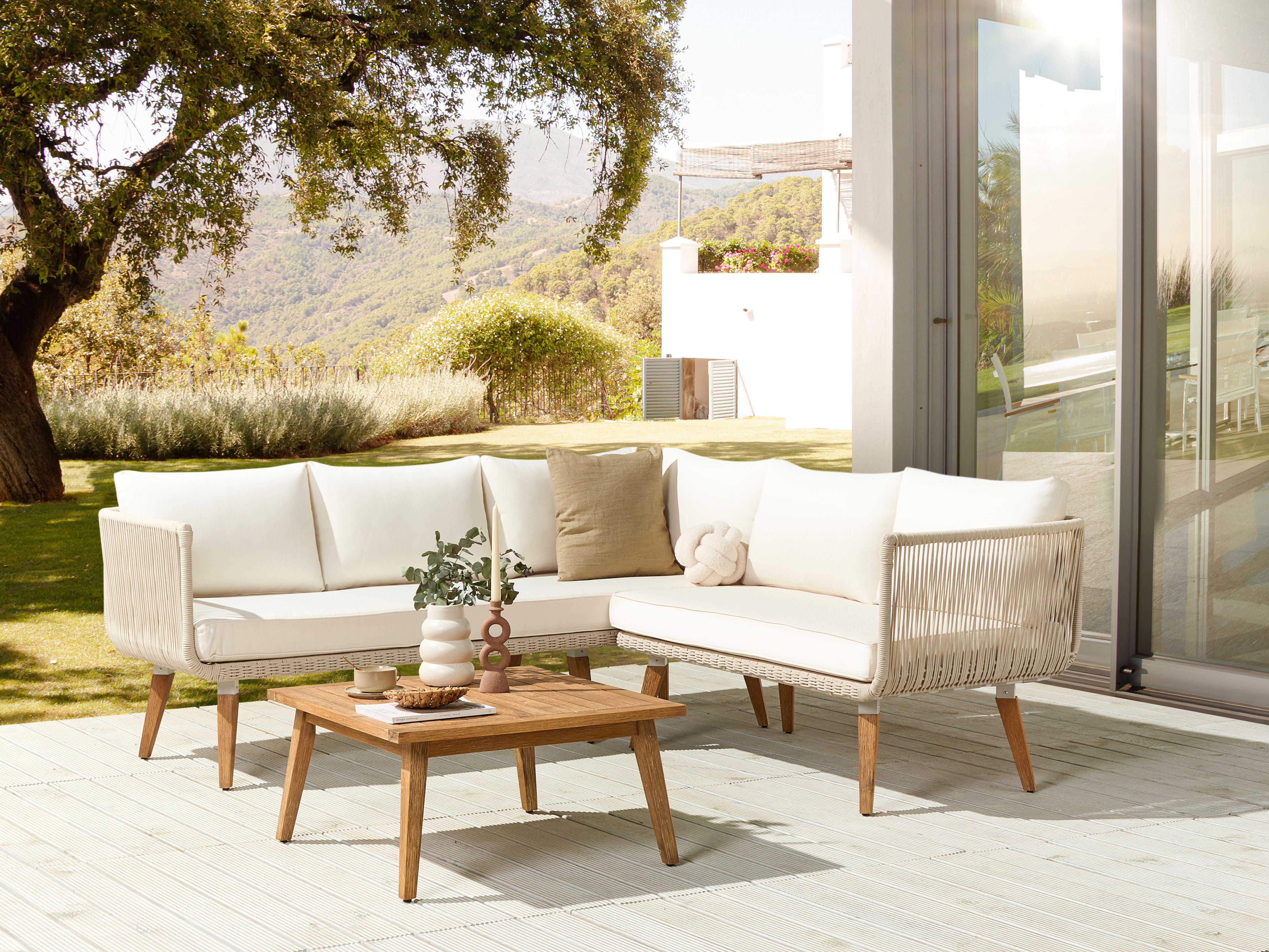 Tuin hoekloungeset met tafel 5-zits ALCAMO linkszijdig Acaciahout Lichtbeige