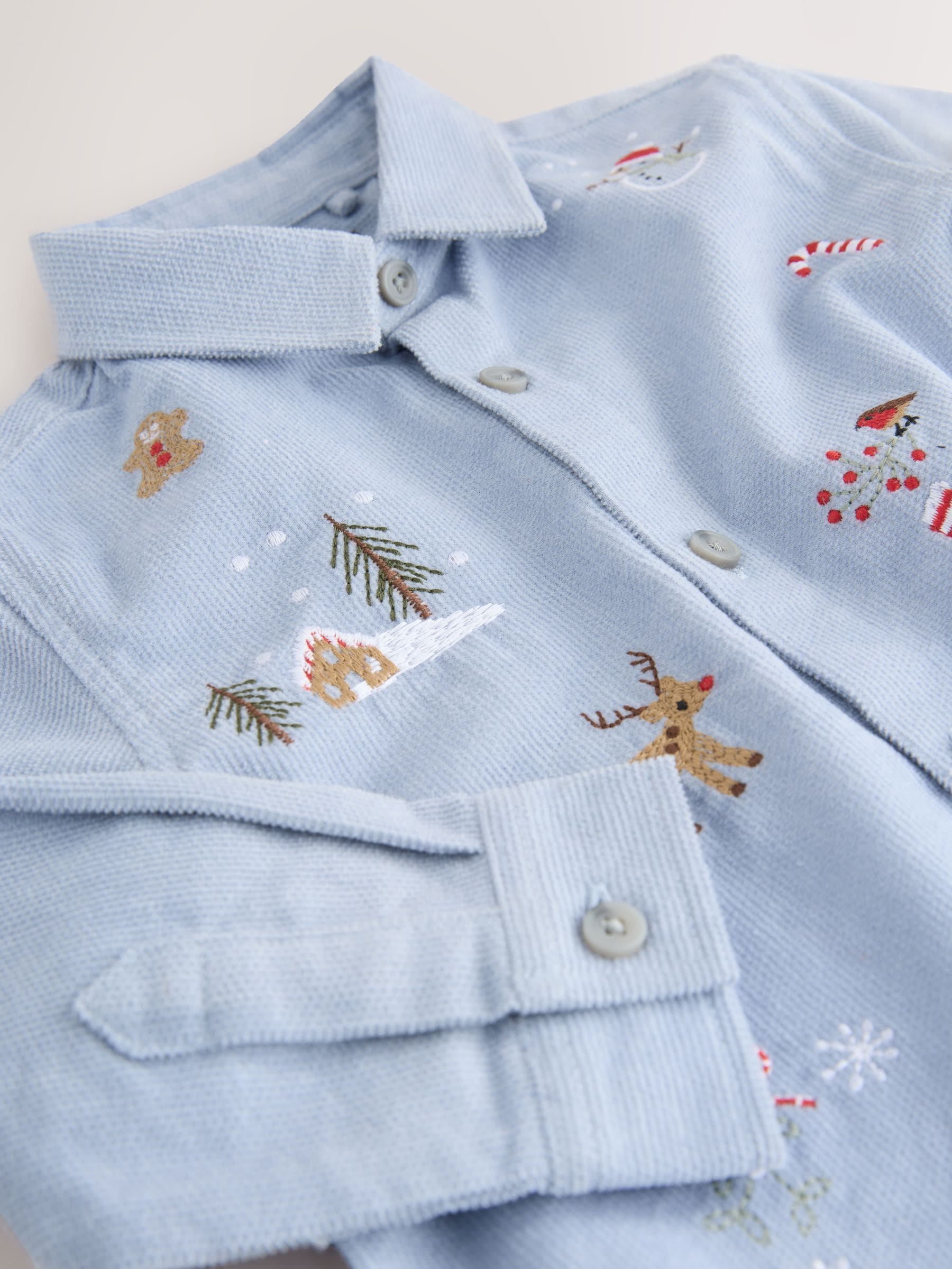 Blauw - Kerstshirt met lange mouwen en geborduurd figuurtje (3mnd-7jr)