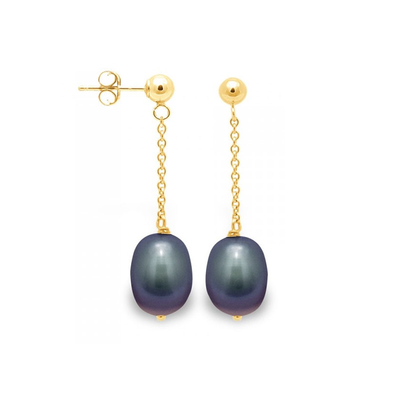Boucles d'Oreilles Femme Pendantes Perles de Culture Noires et or jaune 750/1000
