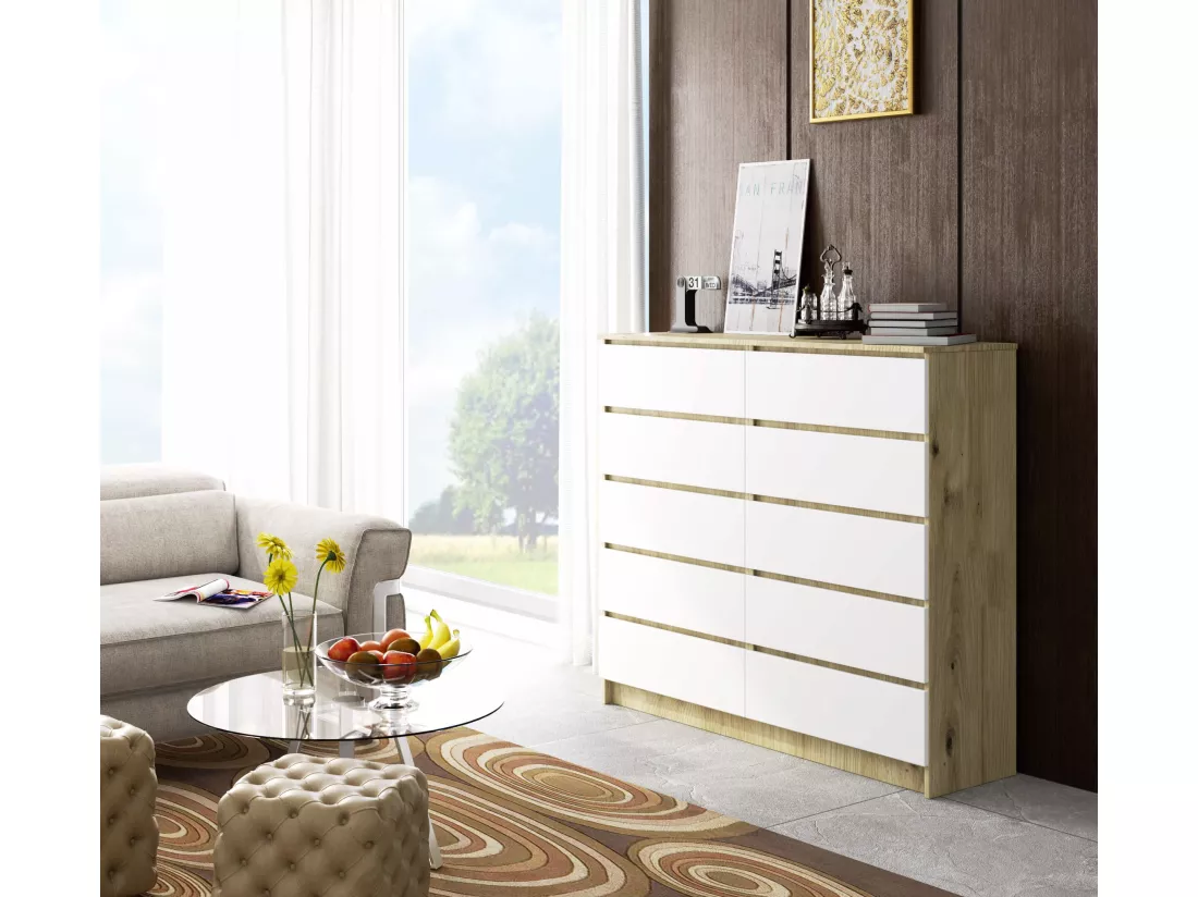 Commode AKORD K140 Chêne Artisan 138 cm 10 tiroirs façade Blanche 138x40x121 cm