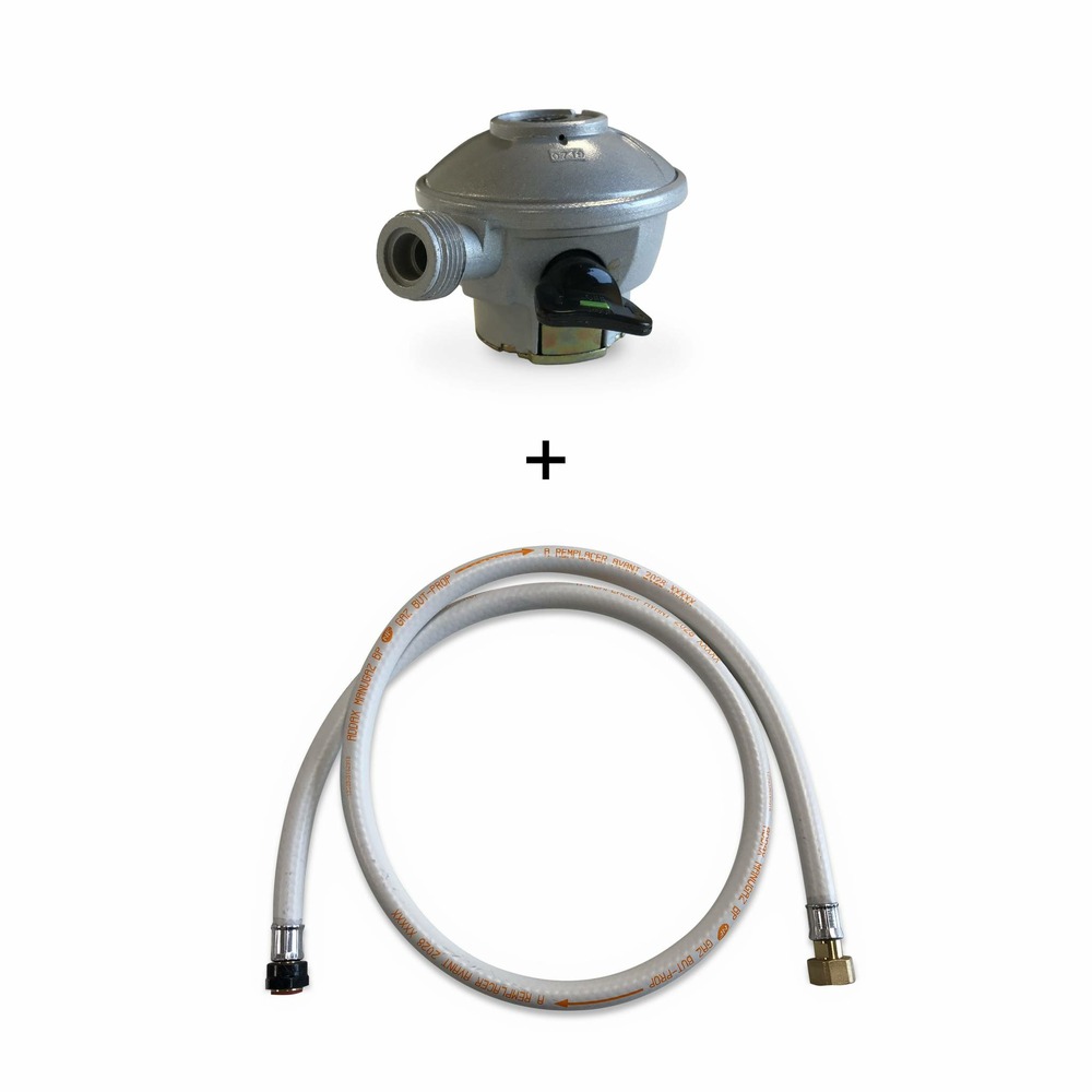 Kit tuyau flexible de gaz 1.5 m à embouts mécaniques + détendeur quick-on ø27mm butane 28mbar 1.3kg/h. Raccord rapide – normes nf