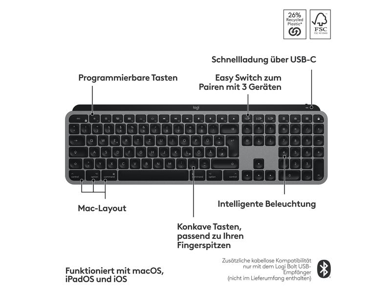 Logitech Tastatur MX Keys S for Mac Space Grey CH-Layout Komfortable Tastatur mit Multi-Device Kopplung und intelligenter Beleuchtung – Entwickelt für Mac