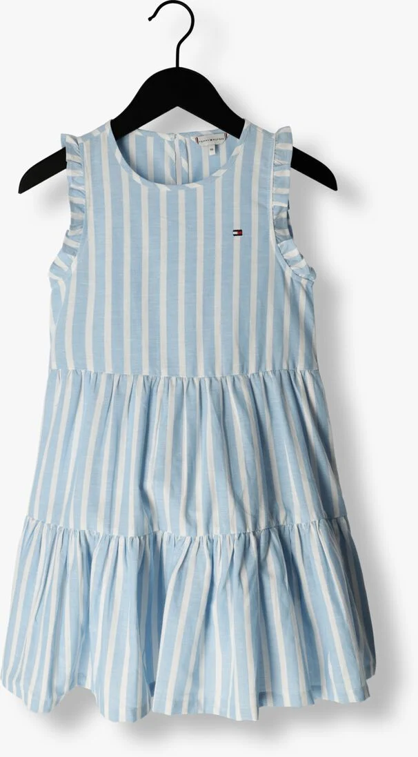 TOMMY HILFIGER lichtblauwe tommy hilfiger midi jurk striped hemp ruffle dress slvss