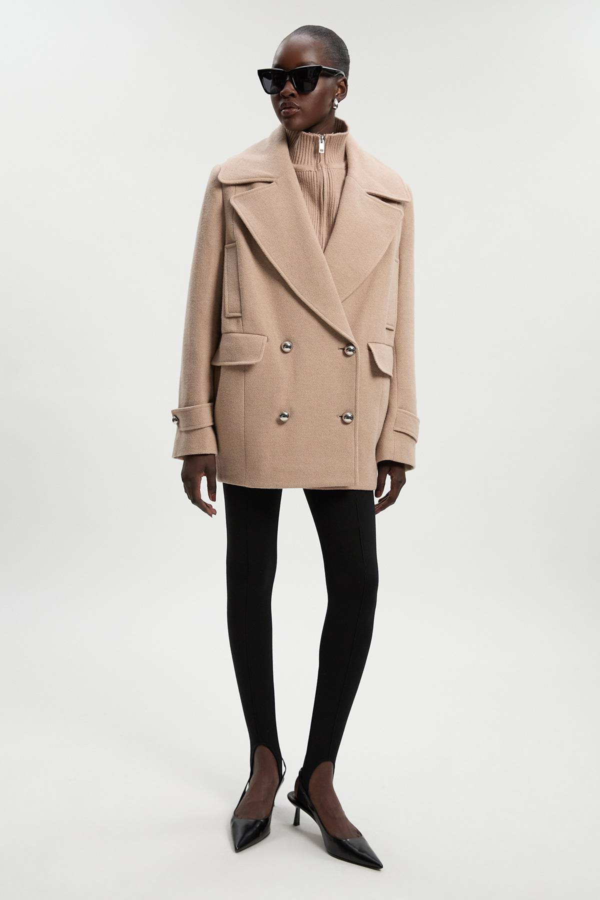 KarenMillen Caban Croisé Ajusté en Laine avec Col Tricoté Amovible