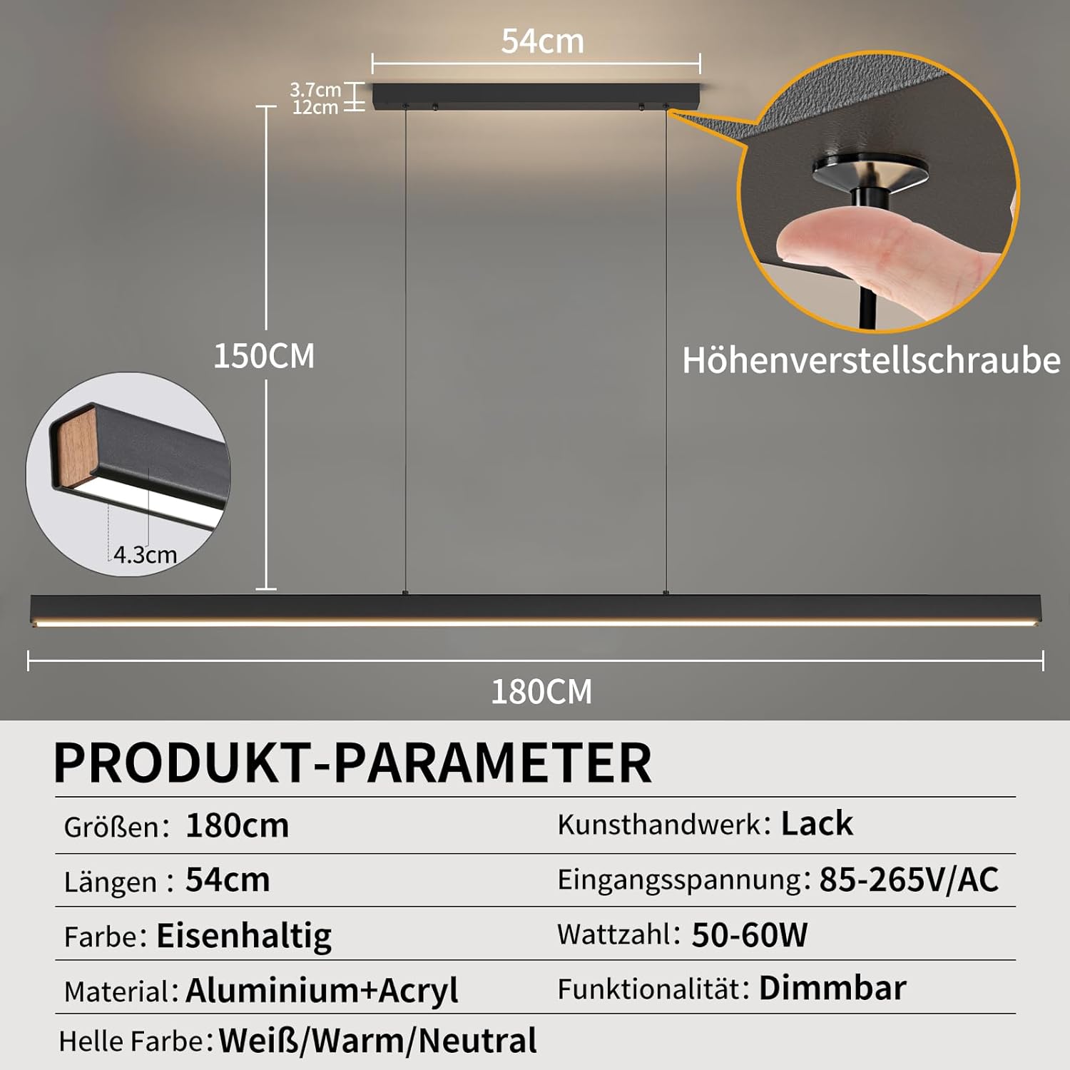 Mikeru 180cm Dimmbare Moderne LED Pendelleuchten, Kücheninsel Leuchten mit 3000K/4500K/6000K 3 Farben Lichter 10% -100% Helligkeit Einstellbar mit Fernbedienung für Esszimmer, Büro
