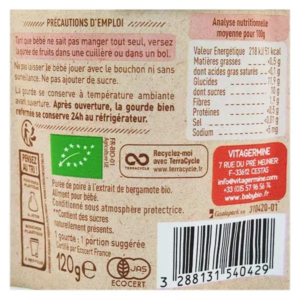 Babybio Fruits Gourde Poire Bergamote +6m Bio 120g