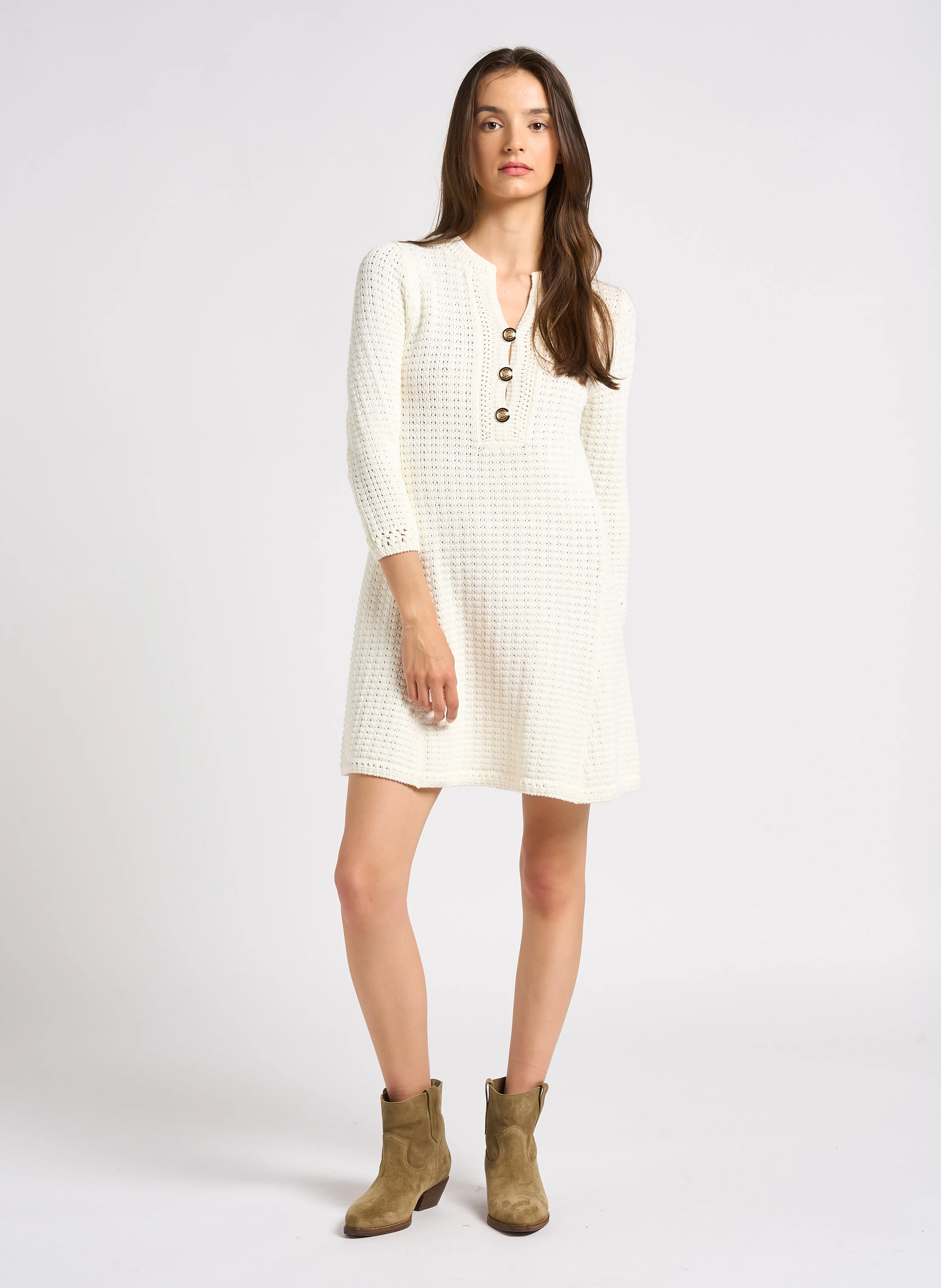 GYSELE - Robe courte col rond en coton mélangé | Beige