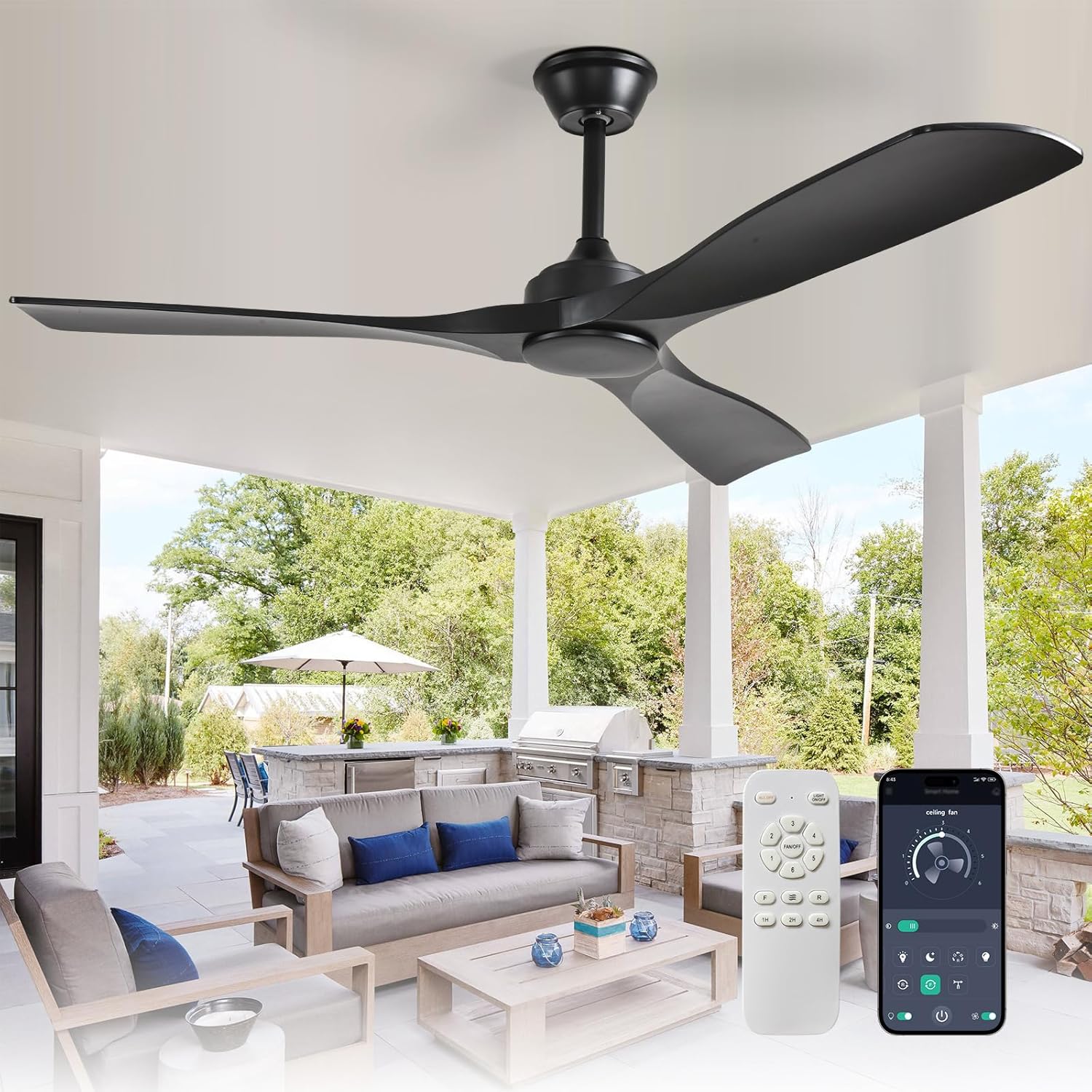 Depuley Leise Deckenventilator ohne Licht für Außen: 132CM Ventilator mit Fernbedienung und APP für Terrasse Garten - Groß Deckenventilator, Reversibler DC Timer für Schlafzimmer, Wohnzimmer, Schwarz