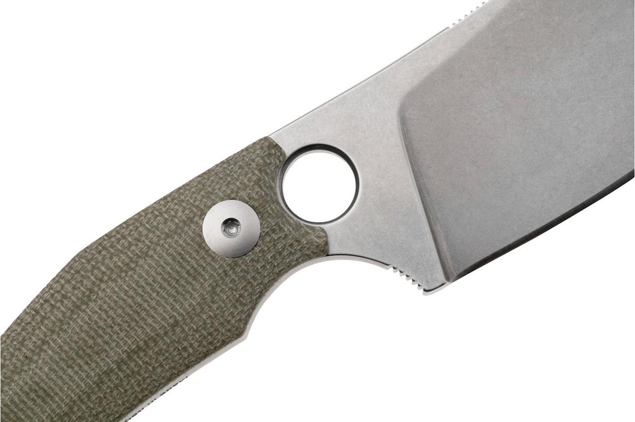 GiantMouse GMF1-XL Green Canvas Micarta, Stonewashed N690, Burgundy Leather Sheath, vaststaand mes