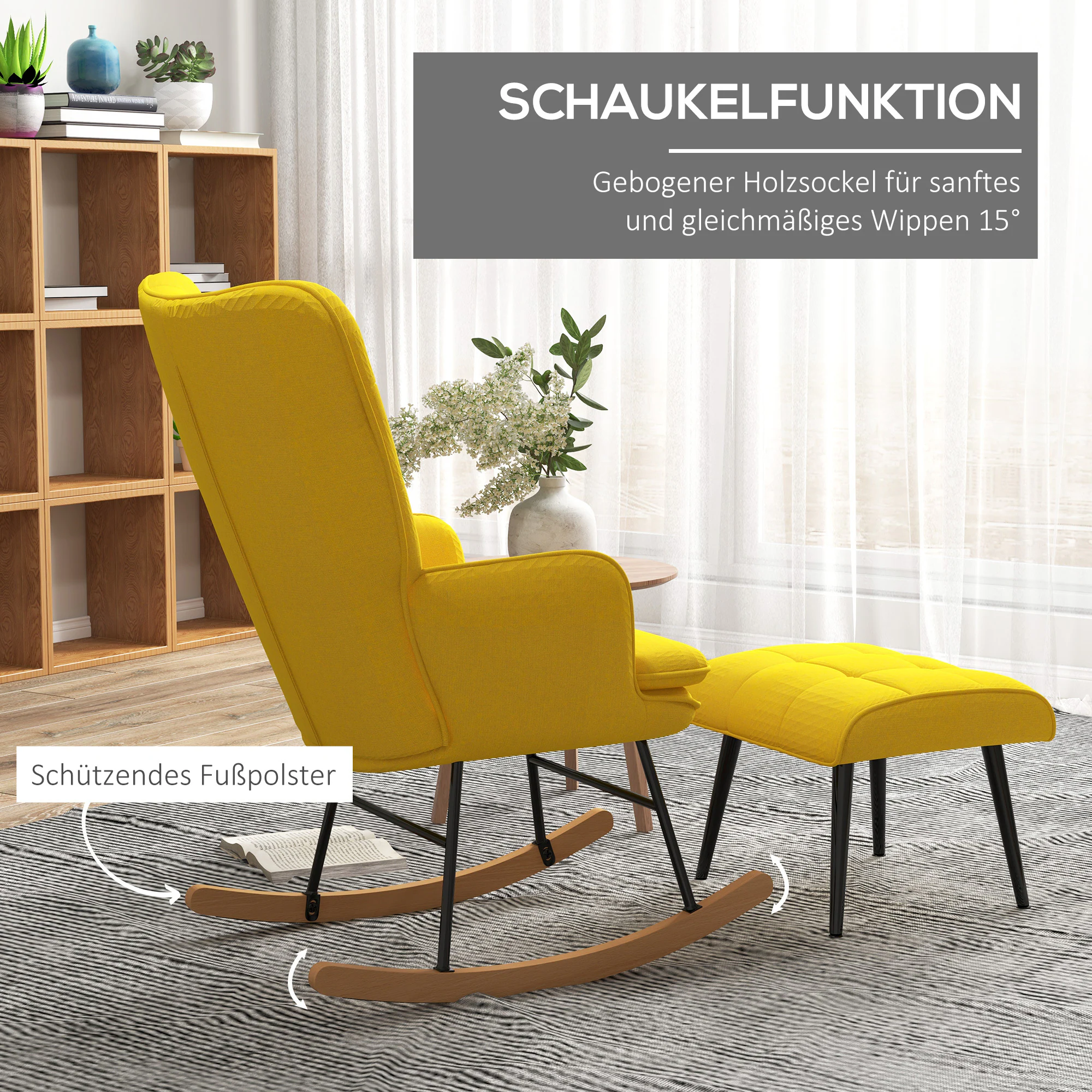 HOMCOM Schaukelstuhl mit Hocker und hoher Rückenlehne gelb 64L x 89B x 90H cm