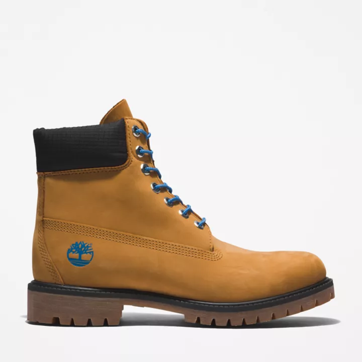 Bota Timberland Premium de 6 polegadas para homem, em amarelo/azul.