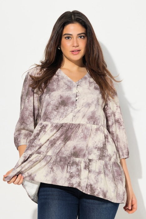 Bluse, Batikdruck, A-Linie, V-Ausschnitt, Langarm