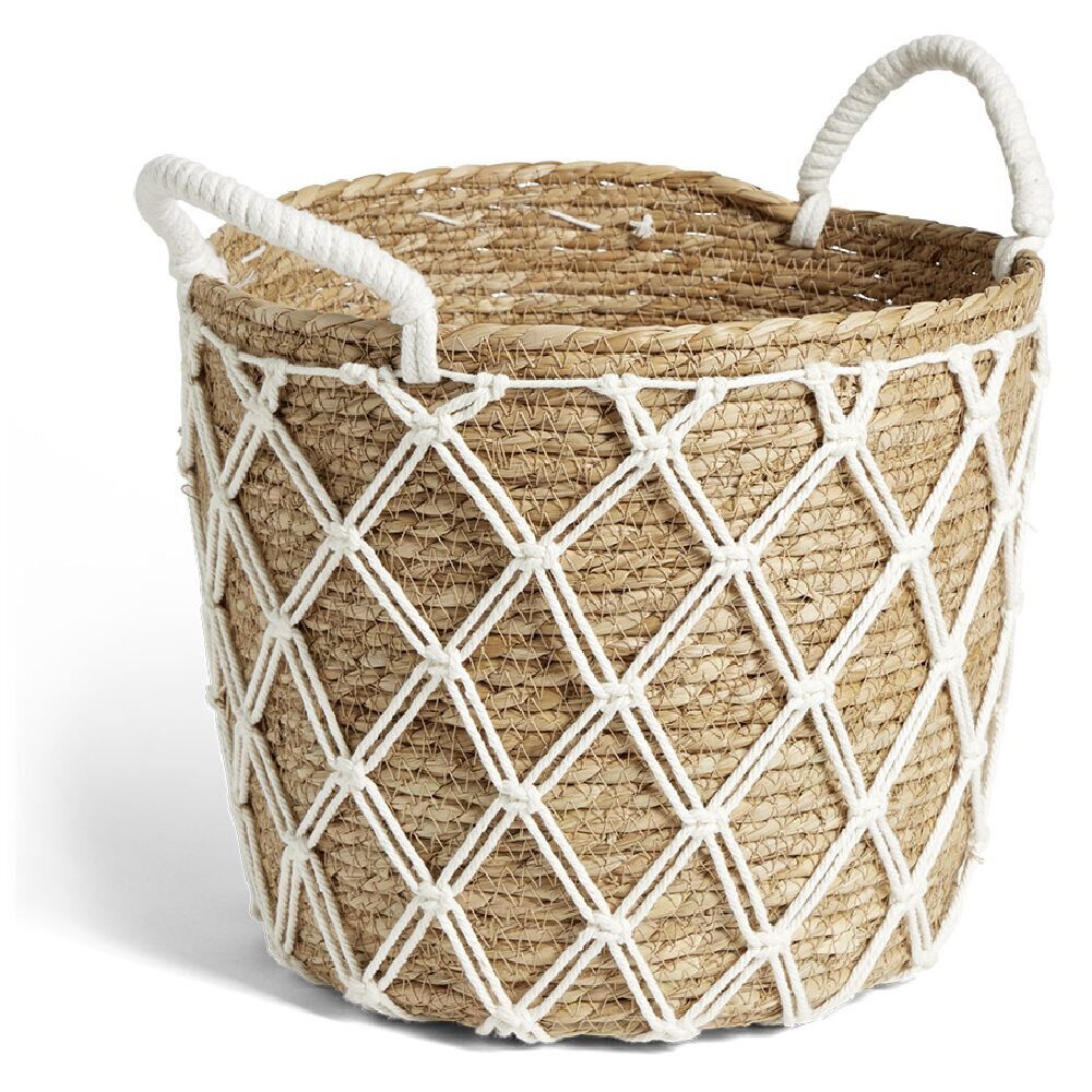 Panière en jacinthe tressée et fil coton blanc Ø32xH26cm