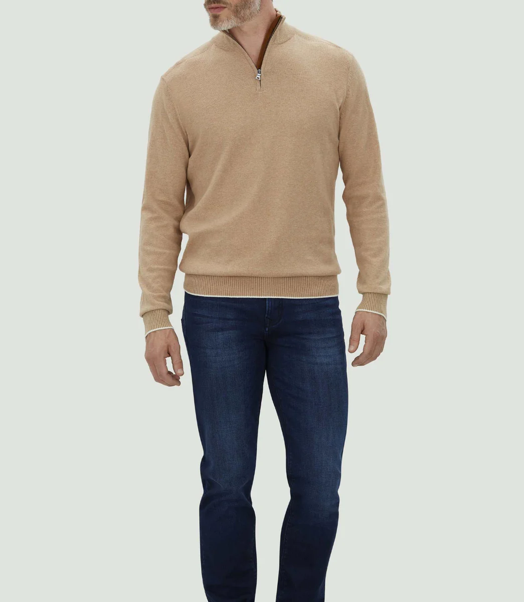 Pull col zippé beige chiné 