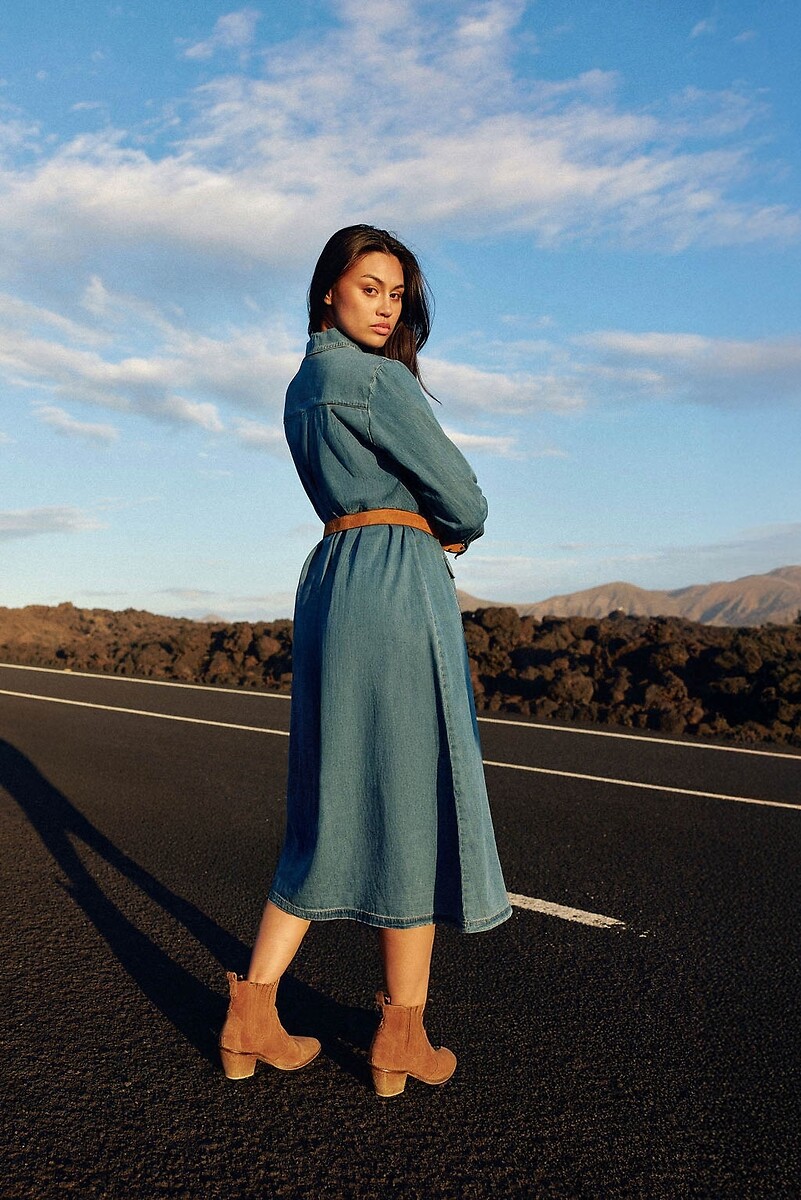 LA PETITE ETOILE<br>Vestido midi com bainha em denim cor pedra, RENLY