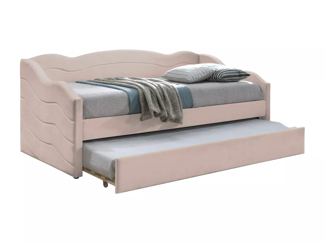 Lit banquette gigogne 2 x 90 x 190 cm - Velours - Rose + Matelas - LENVIA