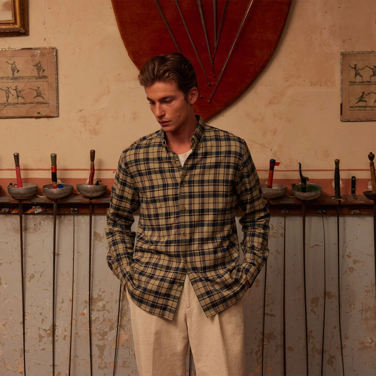 Beige checked flannel shirt