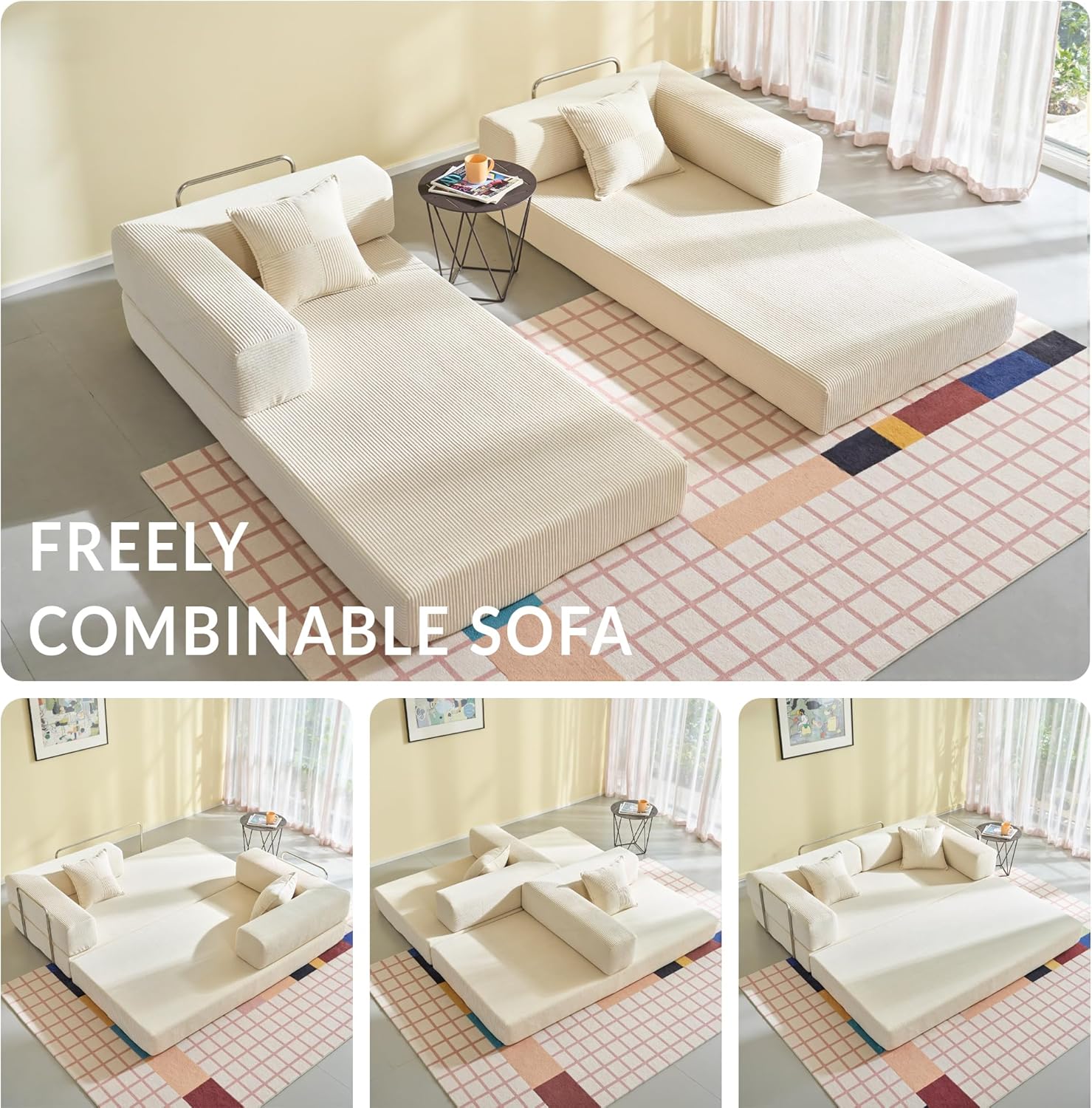 YINIX Faltbares Schlafsofa 200cm Breite XXL Bett, Modulares Bodensofa, Cord Wolkensofa mit Metallrahmen, 3 Sitzer Gästebett Klappbar, rutschfest, Waschbar (Creme, 200cm (3-Sitzer))