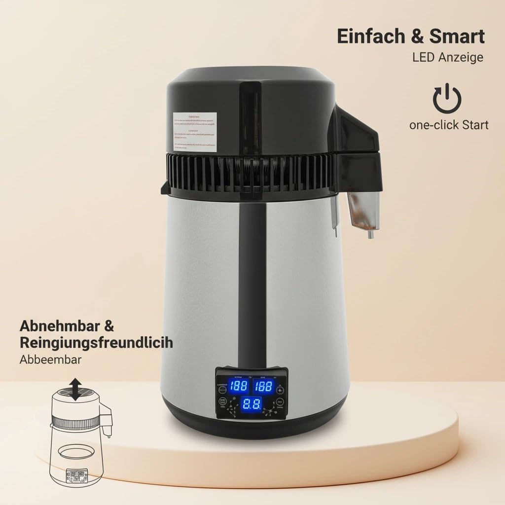 Wasserdestilliergerät Wasser Destillierer 800W Edelstahl Distilleranlage 4L Kapazitätfür Zuhause, Zahnklinik, und Labor mit Sammelkanne Dreifach-LED Automatischer Abschaltung