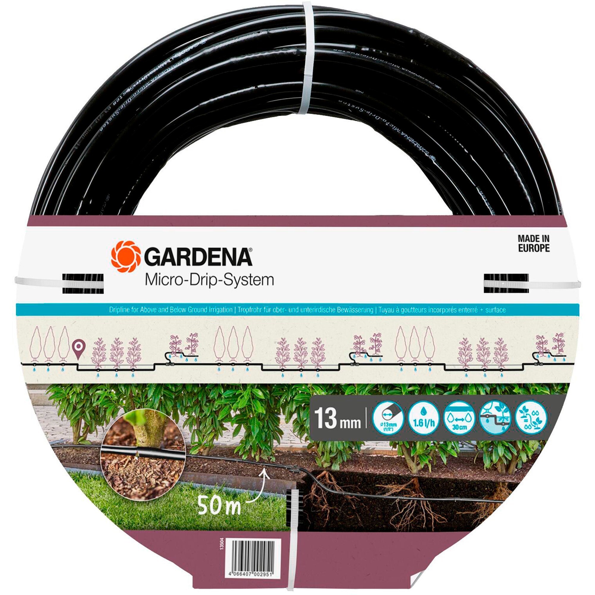 GARDENA Tropfer Micro-Drip-System Tropfrohr für Büsche/Hecken 1,6 l/h, 50 Meter