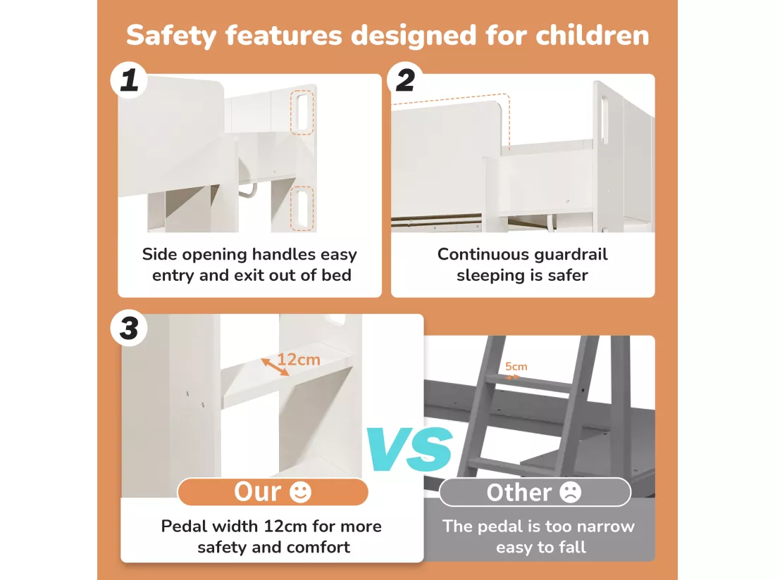 Lit mezzanine 90x200 cm pour enfant - avec armoire, étagères ouverts et escalier - Blanc
