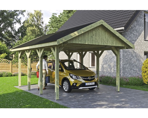 Enkele carport SKAN HOLZ Wallgau inclusief zwarte shingles en H-paalankers 430 x 600 cm geïmpregneerd