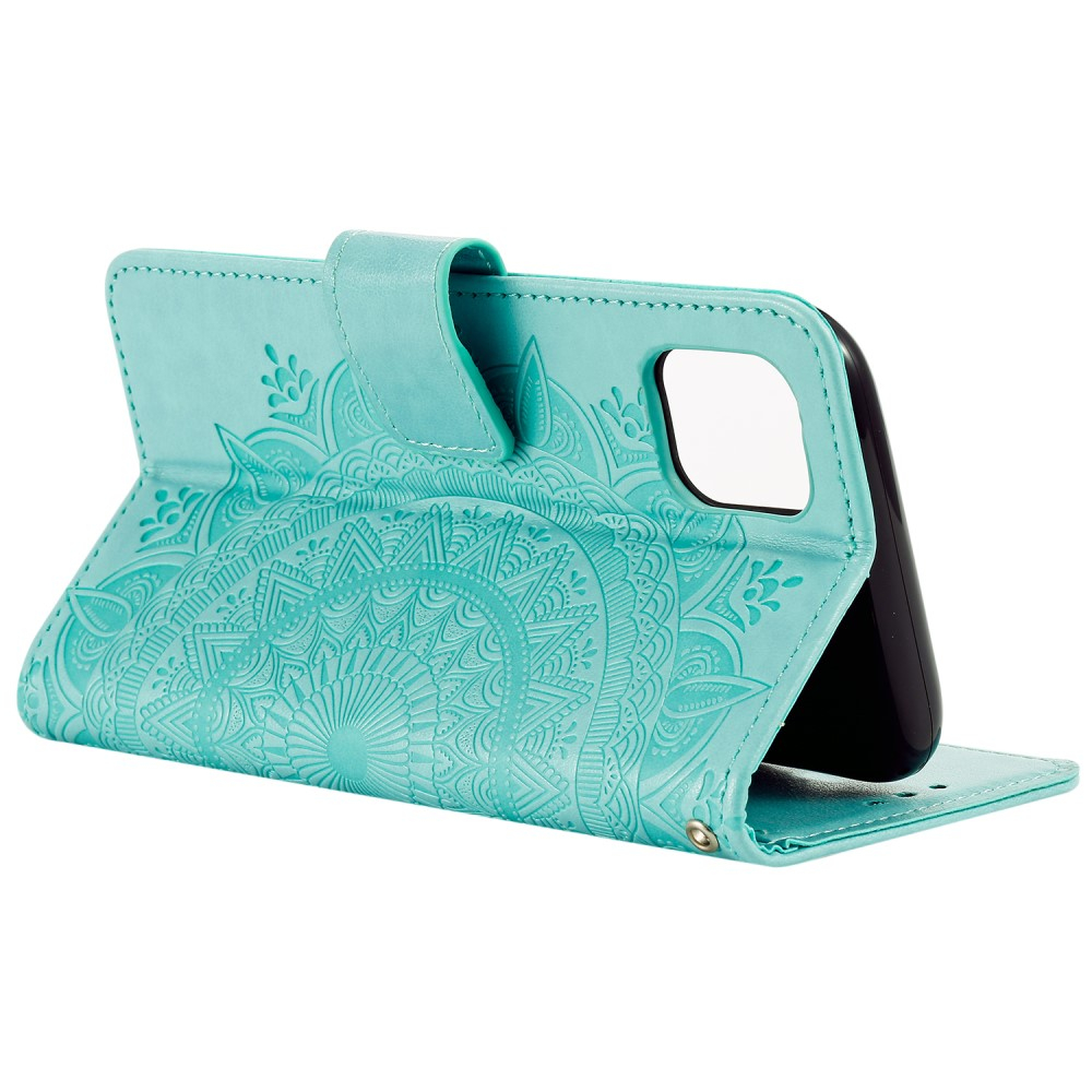iPhone 13 Leder Tasche Wallet - Mandala Flowers Imprint - Türkis