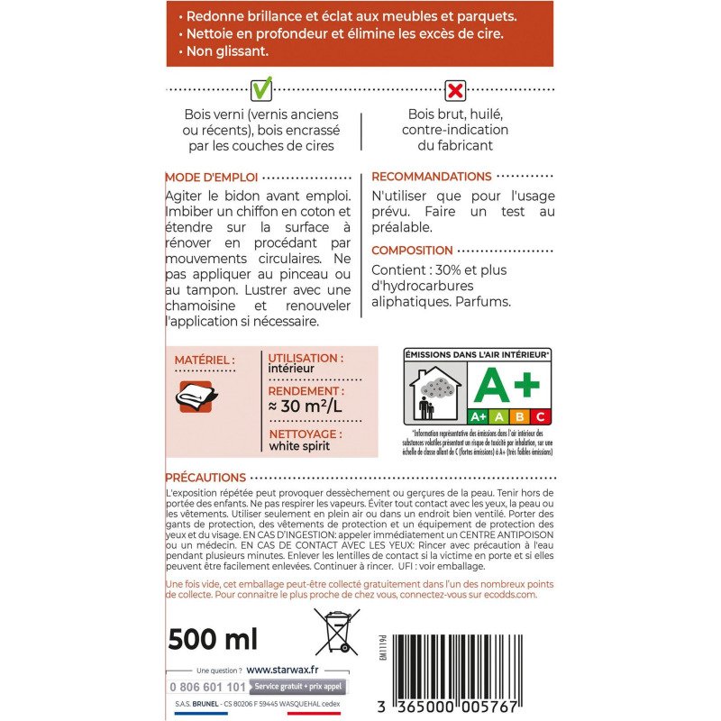 Rénovateur pour mobilier intérieur - bois cirés et vernis - liquide - 500 m