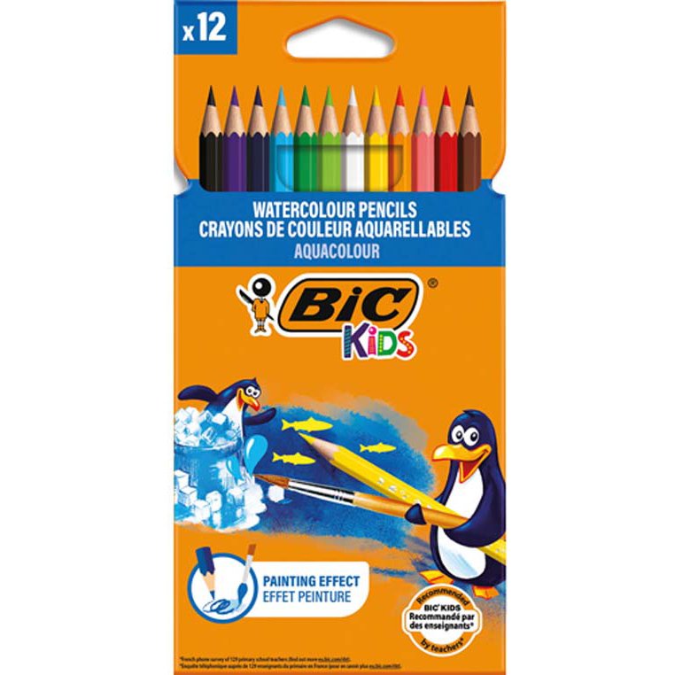 Crayon bic kids aquacouleur hexagonal mine aquarelle très pigmentée effet peinture aquarelle couleurs vives étui 12u
