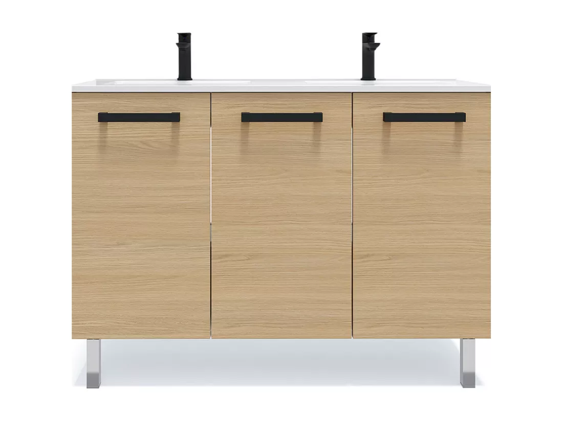 Meuble de salle de bain suspendu avec pieds double vasque intégrée 120cm 3 portes Chêne clair - Chelsea
