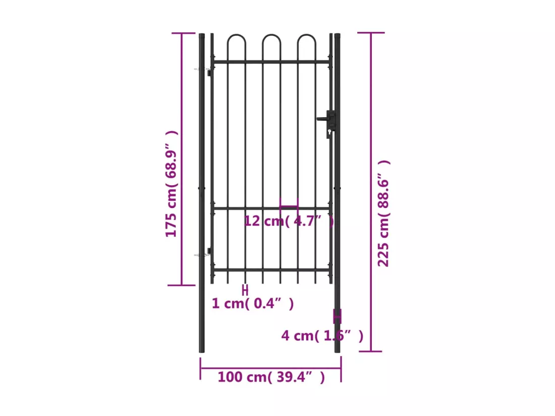 Portillon simple porte avec dessus arqué Acier 1x1,75 m Noir