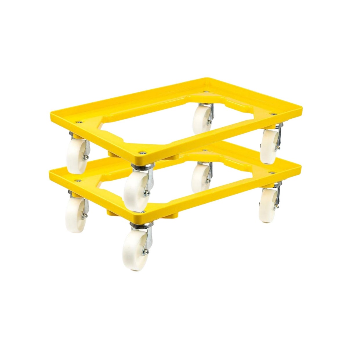 PROREGAL Voordeelset 2x Transportwagens voor Euroboxen 60 x 40 cm met Kunststof Wielen, Geel, Open Dek, 2 Zwenkwielen en 2 Bokwielen, Draagvermogen 300 kg