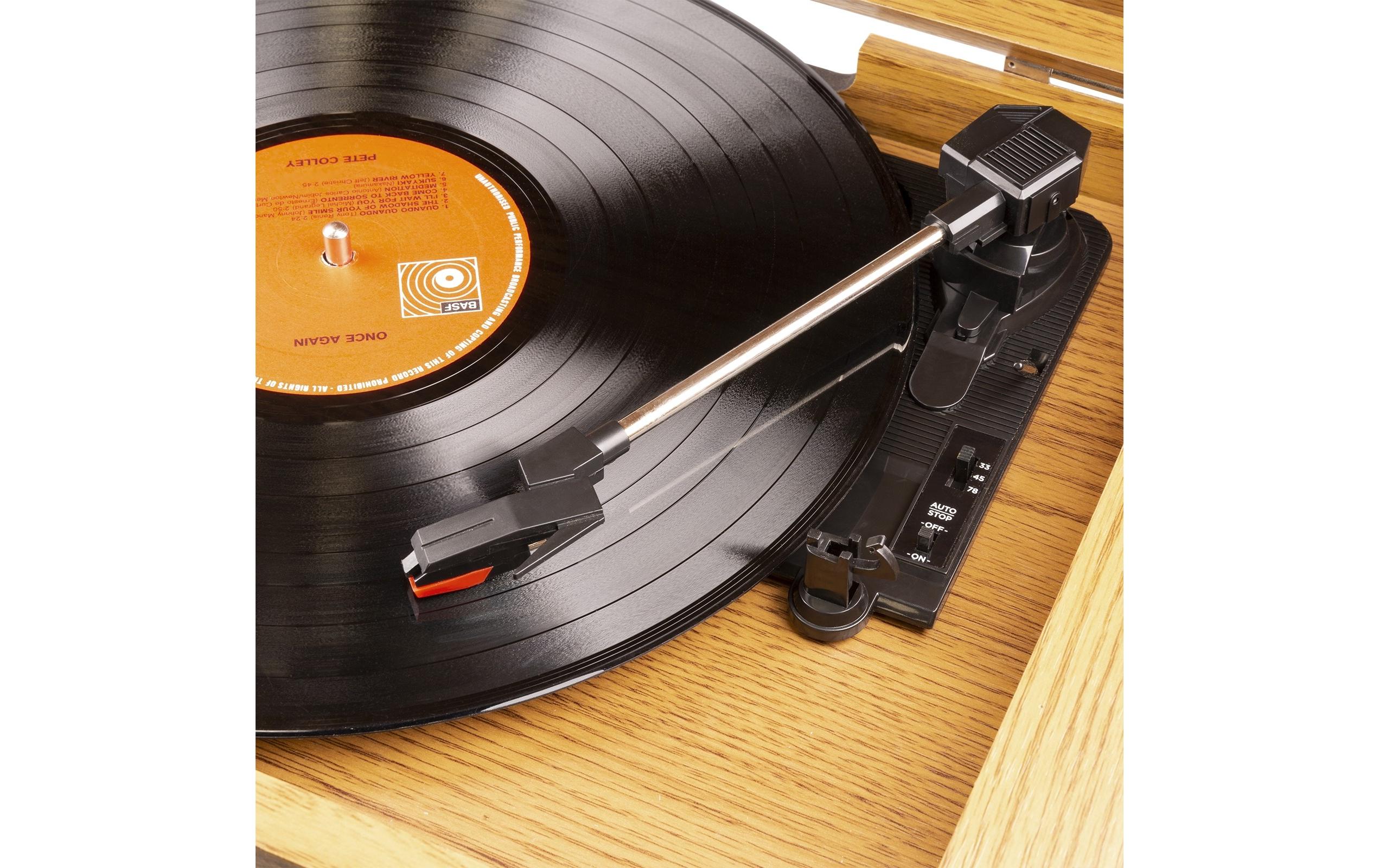 Plattenspieler Memphis Vintage Hellbraun<br>Retro Plattenspieler mit Radio, Bluetooth, Media-Player und Umwandlungsmöglichkeit für Schallplatten und Kassetten